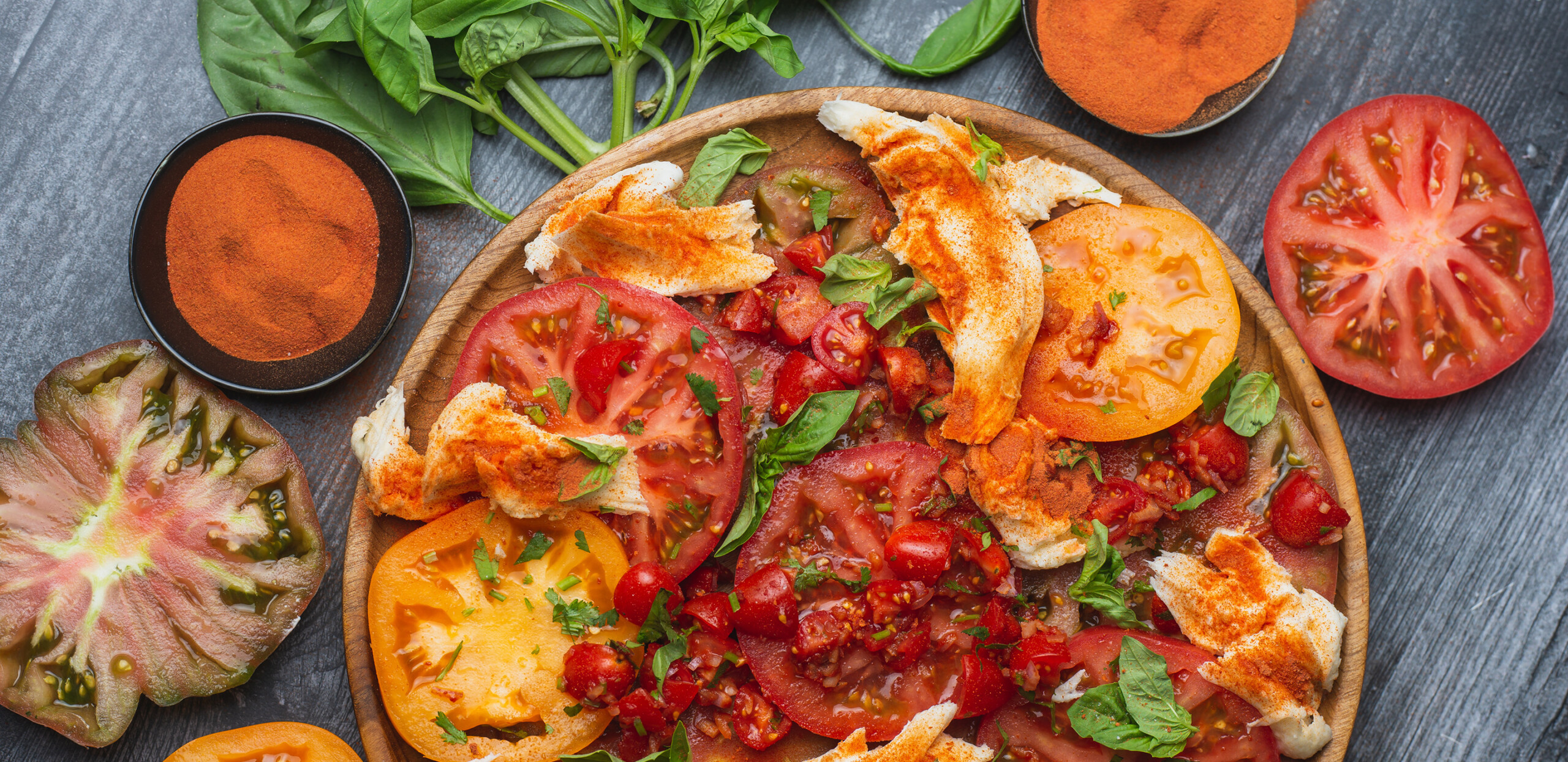 Caprese with Heirlooms Tomatoes, and Tomato Powder - Wilderness Gourmet Rafting Trips - Photo: Wilder Projects